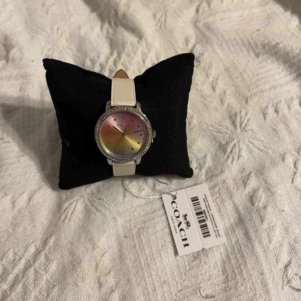 Coach Ladies Rayden Gold Tone Watch C6527 Black Leather Crystal Bezel